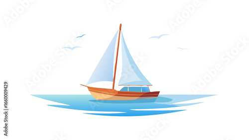 Sailboat on blue water with birds sailing ocean