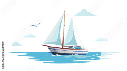 Sailboat on blue water with clouds and birds sailing