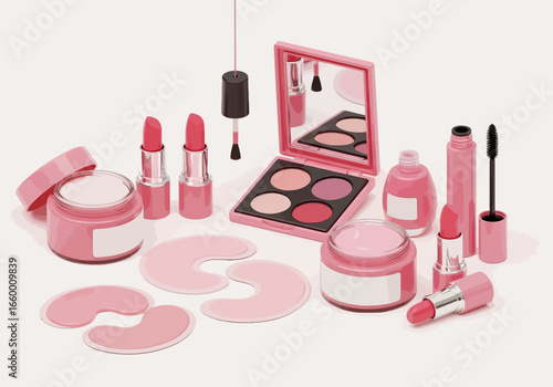 Pink makeup products flat lay beauty cosmetics skincare lipstick eyeshadow nail polish for beauty blog 100 char