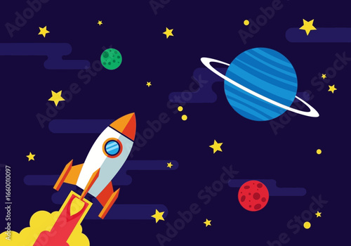 Rocket ship launch into space illustration for kids education and exploration vector graphic design art