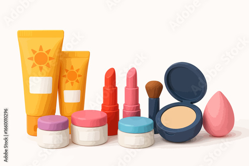 Beauty products skincare sunscreen lipstick powder cream brush and beauty blender still life illustration