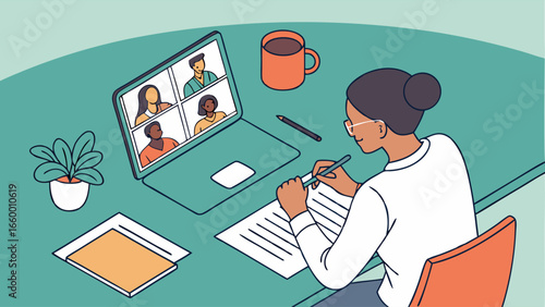 Woman Taking Notes During Video Conference Meeting.