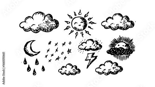 Vintage sun with rays retro hand drawn