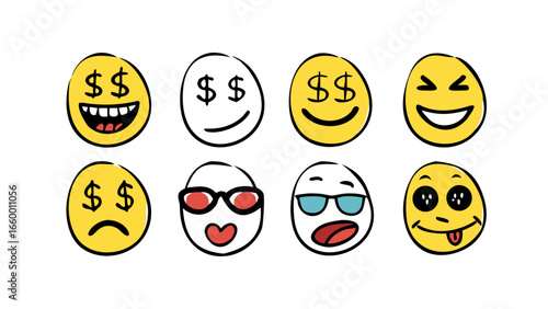 Yellow faces with various expressions happy