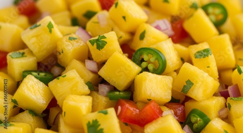 Close Up of Vibrant Pineapple Salsa with Jalapeno and Red Onion