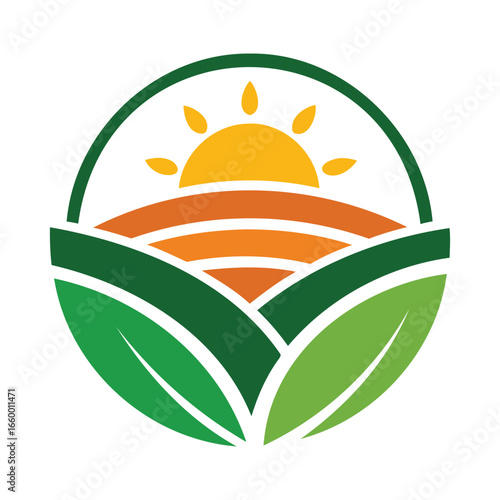 Eco Farm Logo with Sun, Fields, and Green Leaves – Sustainable Agriculture Symbol