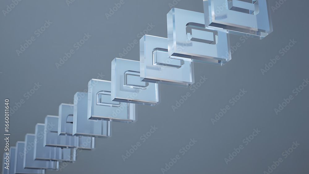 Fototapeta premium Abstract Glass Cubes: Modern Minimalist 3D Render, Cool Blue Tones, Ascending Sequence, Technology Concept.