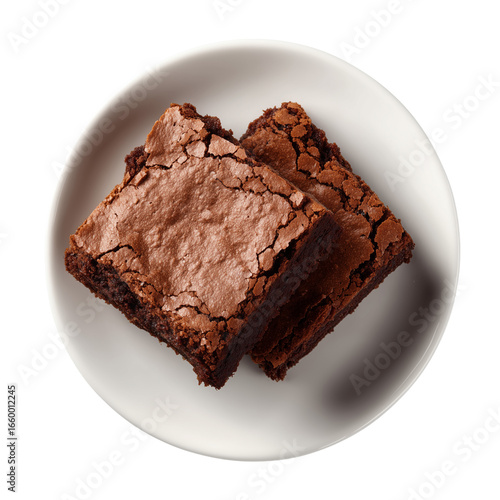 Brownies on a white plate on a transparent background, top view