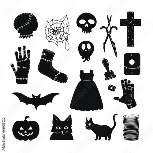 Halloween Stitches isolated in White background, silhouette Set, Halloween theme, Vector illustration