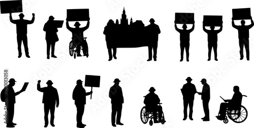 Silhouette of a group of people protesting with signs and wheelchairs in a public gathering space scene editable eps vectors