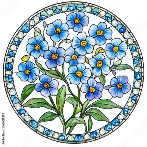 Round Stained Glass Design Featuring Delicate Blue Forget Me Nots