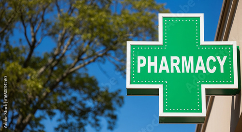 Vibrant Green Pharmacy Cross Sign on Building Exterior with Tree and Blue Sky Background