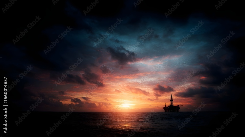 Obraz premium Dramatic sunset over the silhouetted oil rig at sea