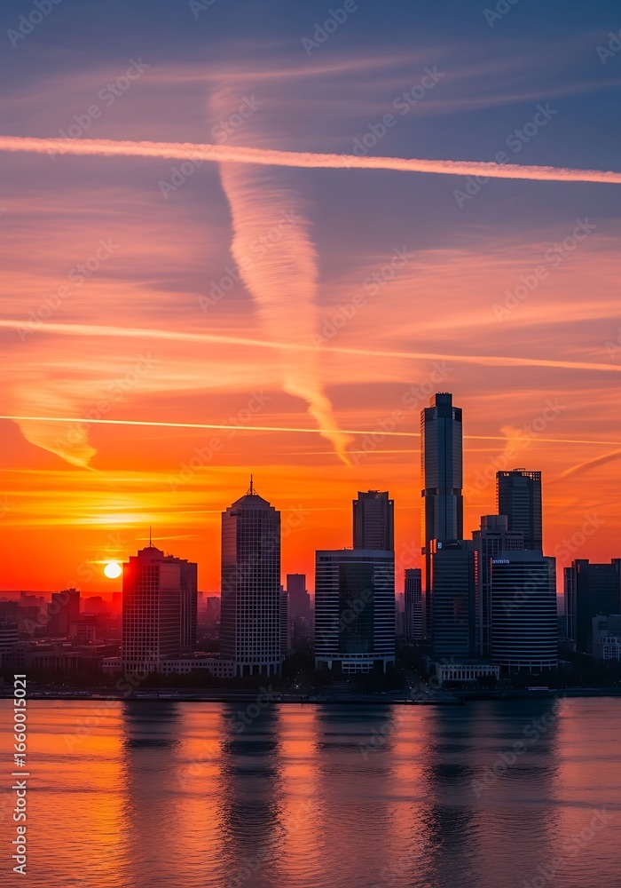 Fototapeta premium Stunning City Skyline at Sunset Reflection.