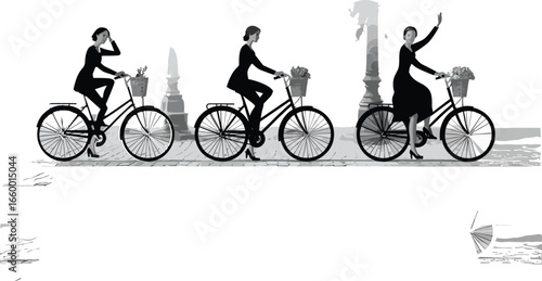 Three stylish women riding bicycles, black dresses, flower baskets, cobblestone street, elegant motion, outdoor activity, waving, posing, fashion, vector