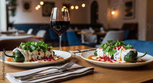 Pair of Chile Relleno Plates with Red Wine in a Restaurant Setting