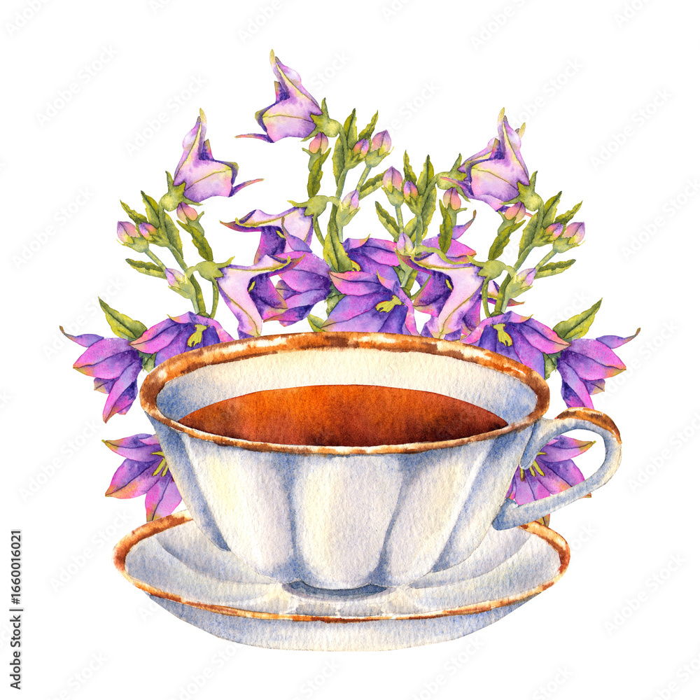 Φωτογραφία Watercolor illustration of a vintage white cup filled with tea and decorated with blooming purple bellflowers in botanical style