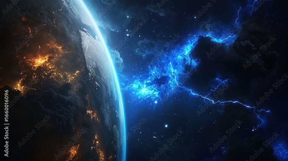 Obraz premium Earth Under Cosmic Starry Sky, Lightning and Nebula Interweaving, Sci - Fi Space Scene