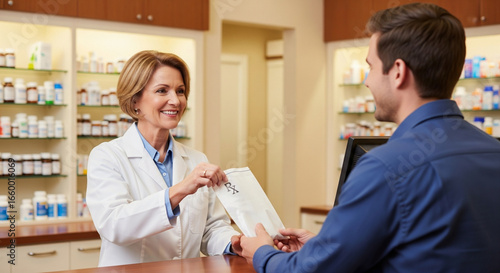 Professional Pharmacist Assisting Customer with Prescription Pickup at Pharmacy