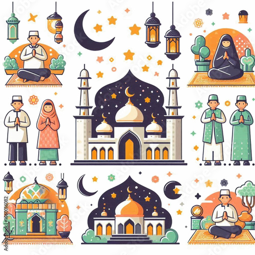Muslimthemed cartoon illustration shows people mosques stars and lanterns