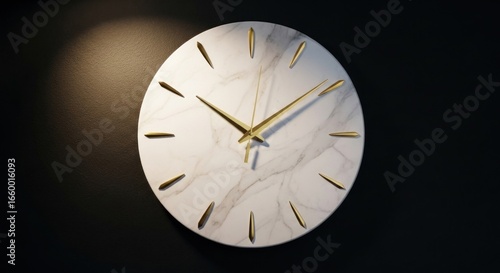 Wallpaper Mural Elegant minimalist wall clock with a white marble face and gold hands on a black background. Torontodigital.ca