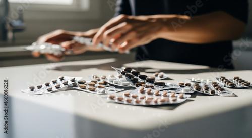 Hands Organizing Medication Blister Packs: Daily Routine for Health, Wellness & Self-Care