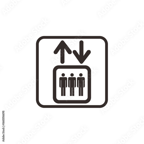 A simple, illustrative icon depicting an elevator with three people inside, and up and down arrows.