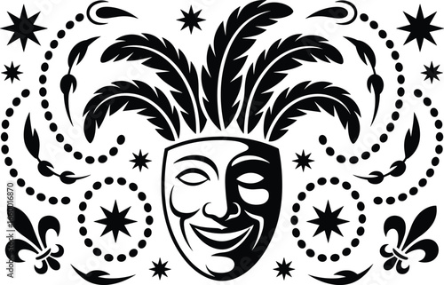 Black and White Carnival Mask with Feathers and Starry Accents