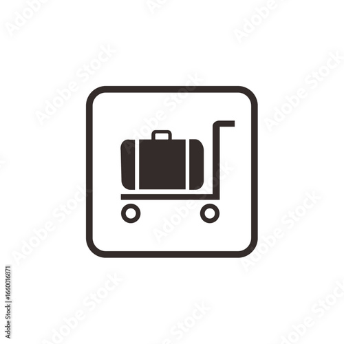 A simple icon depicting a suitcase on a luggage cart, within a square border.
