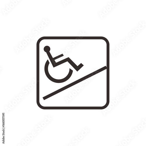 Wheelchair accessible ramp sign, showing a wheelchair symbol and a ramp.