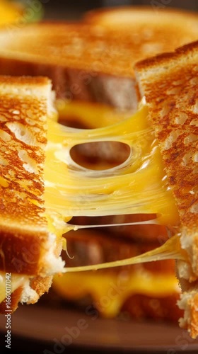 Close up of grilled cheese sandwich being torn apart with melted cheese stretching out, golden crispy bread, highly detailed food moment