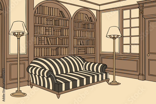 Elegant library interior illustration with striped sofa and bookshelves
