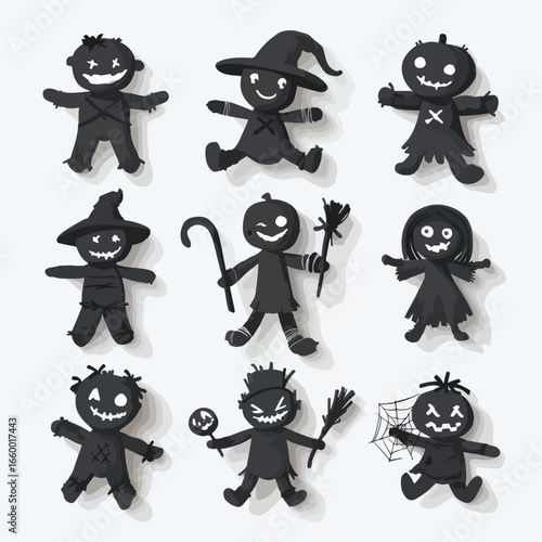 Halloween Voodoo Doll isolated in White background, silhouette Set, Halloween theme, Vector illustration