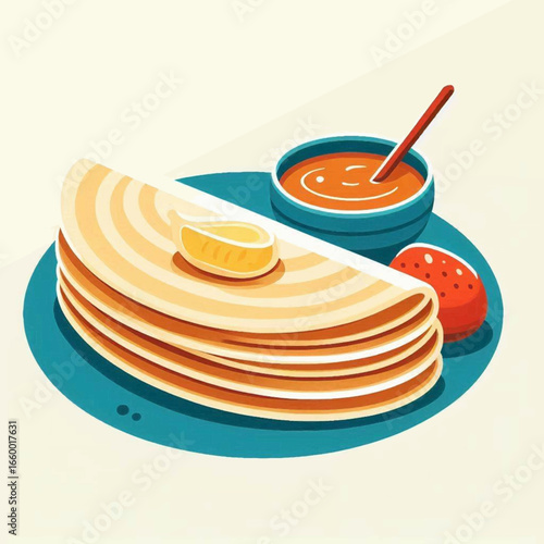 Stack of folded crepes with butter dipping sauce and a potato on a blue plate