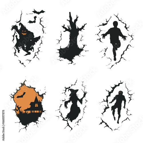 Halloween Wall Cracks in Human Shape isolated in White background, silhouette Set, Halloween theme, Vector illustration