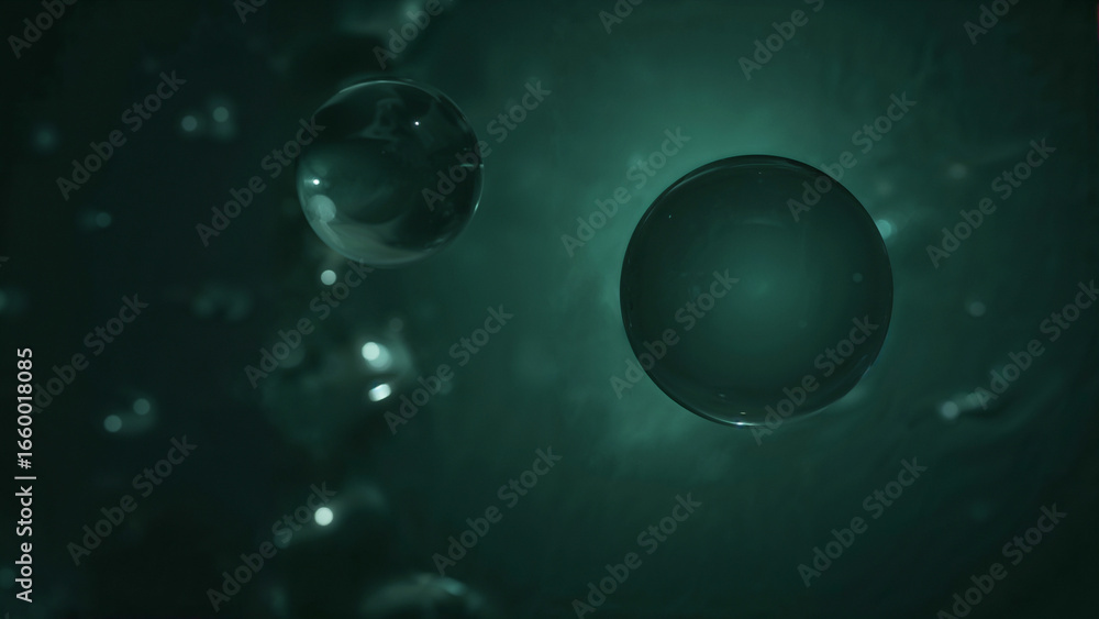 Fototapeta premium Large glassy spheres with soft, shimmering reflections, floating in a deep dark green misty space.