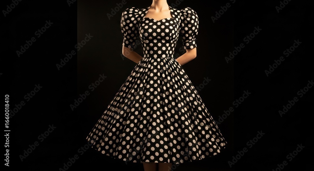 Fototapeta premium Elegant Black and White Polka Dot Dress on Model.