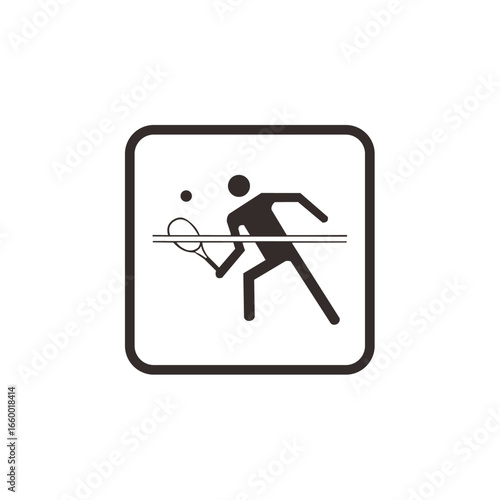 A simple graphic illustration of a person playing tennis, hitting a ball.