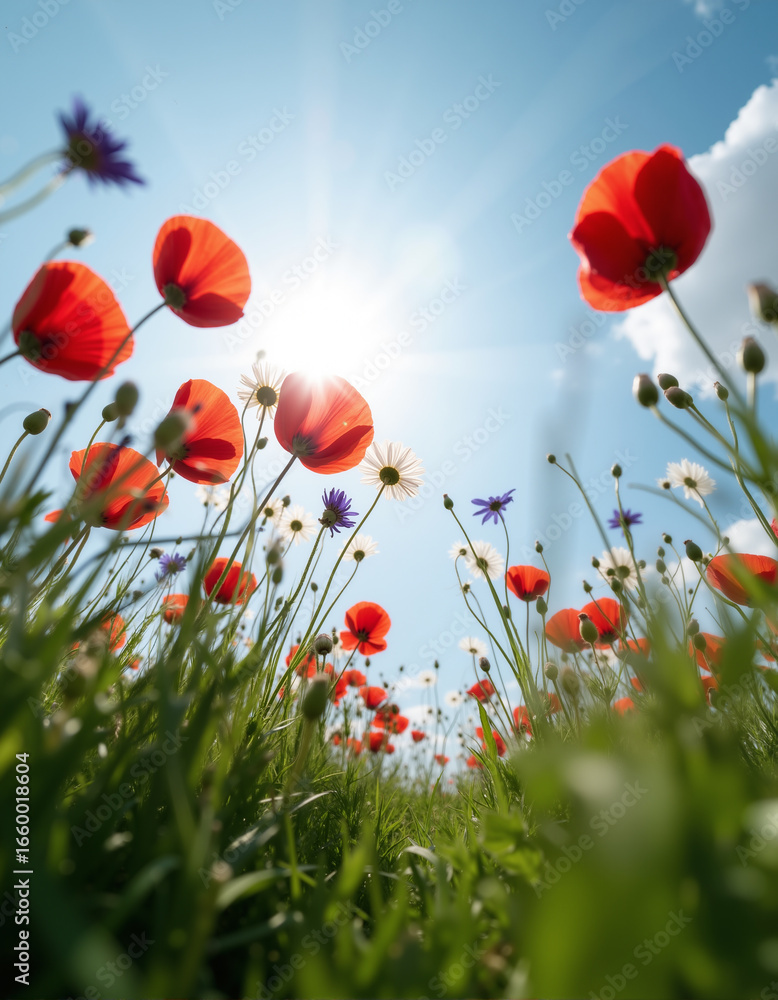 Obraz premium Red poppy flowers in a summer field create a beautiful landscape.