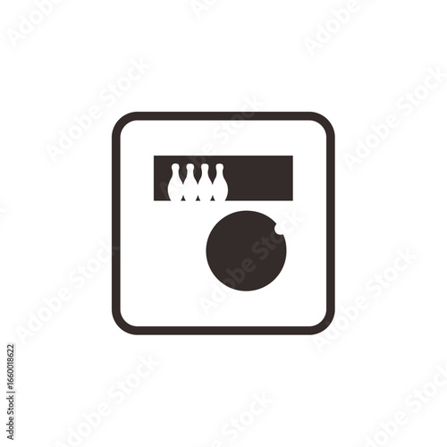 Bowling alley icon, showing bowling pins and ball, in a square frame.