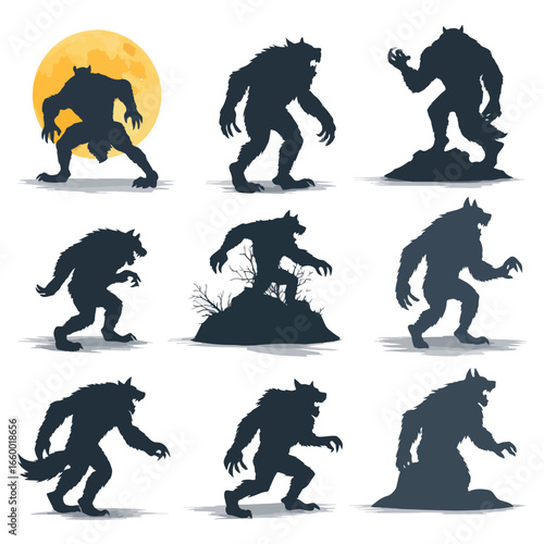 Halloween Werewolf isolated in White background, silhouette Set, Halloween theme, Vector illustration