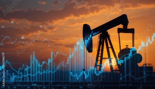 An oil pump silhouette and financial graph at sunset that illustrates market volatility and industry growth.