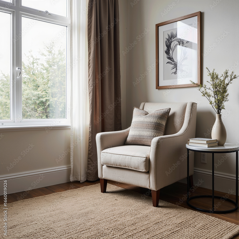 Fototapeta premium An elegant and serene living room corner featuring a comfortable beige armchair by a bright window, creating a perfect, peaceful reading nook for quiet relaxation. 