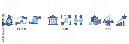 ETF icon set vector illustration concept relate to Exchange Traded Funds Stock Market Investment with icon of money, cash flow, trading, transaction, bank, accounting, and growth