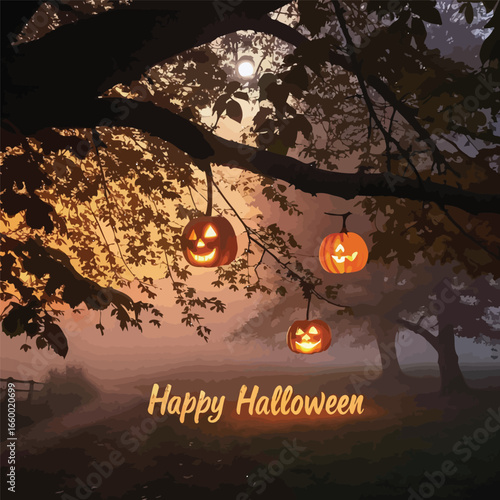 Pumpkin lanterns hanging on tree branches with Happy Halloween written in spooky font