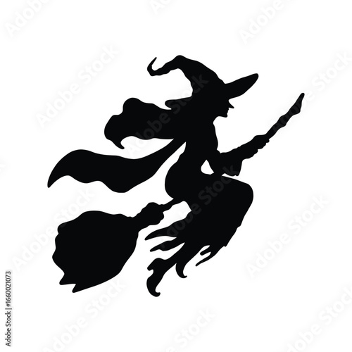 Flying Witch Silhouette Vector. Halloween Witch on Broomstick Design