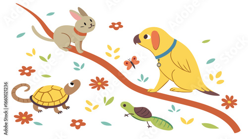 Adorable Cartoon Pets on Branch Rabbit Parrot Turtle and Lizard.