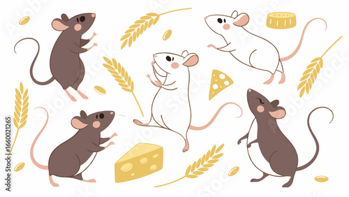 Adorable Cartoon Mice Collection with Cheese and Wheat.