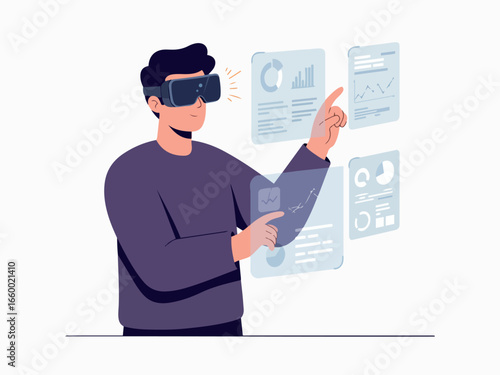 Flat vector illustration man using augmented reality futuristic virtual interface