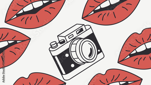 Black and White Illustrated Vintage Camera Design.